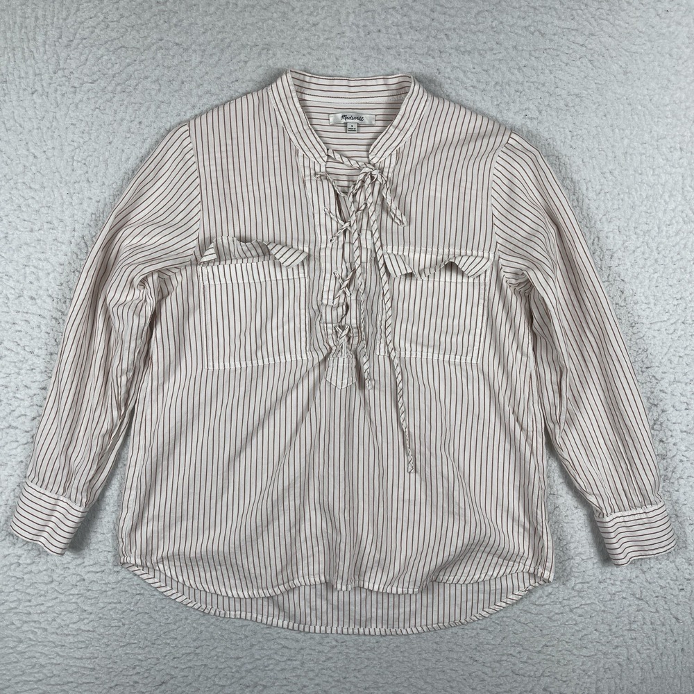 Madewell Shirt Womens Small Brown White Vera Stripe Terrace Lace Up Cottagecore